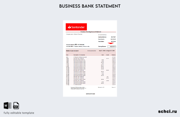 цифровая загрузка выписки по счету компании Santander Bank Шаблон в формате Word